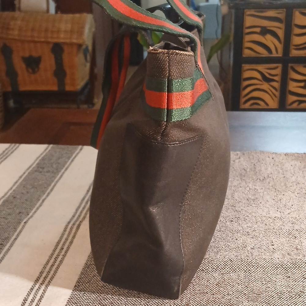 Authenti Gucci Web Sherry Line Shoulder Tote Bag Dark Gray And Black Canvas - Picture 3 of 15